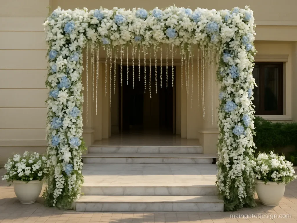 Floral wedding main gate design with white orchids and blue hydrangeas on a square frame