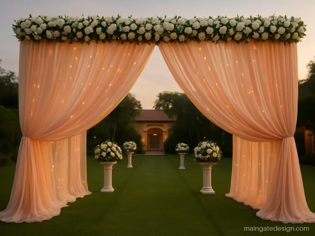 Marriage garden main gate design with pastel peach and white chiffon drapes