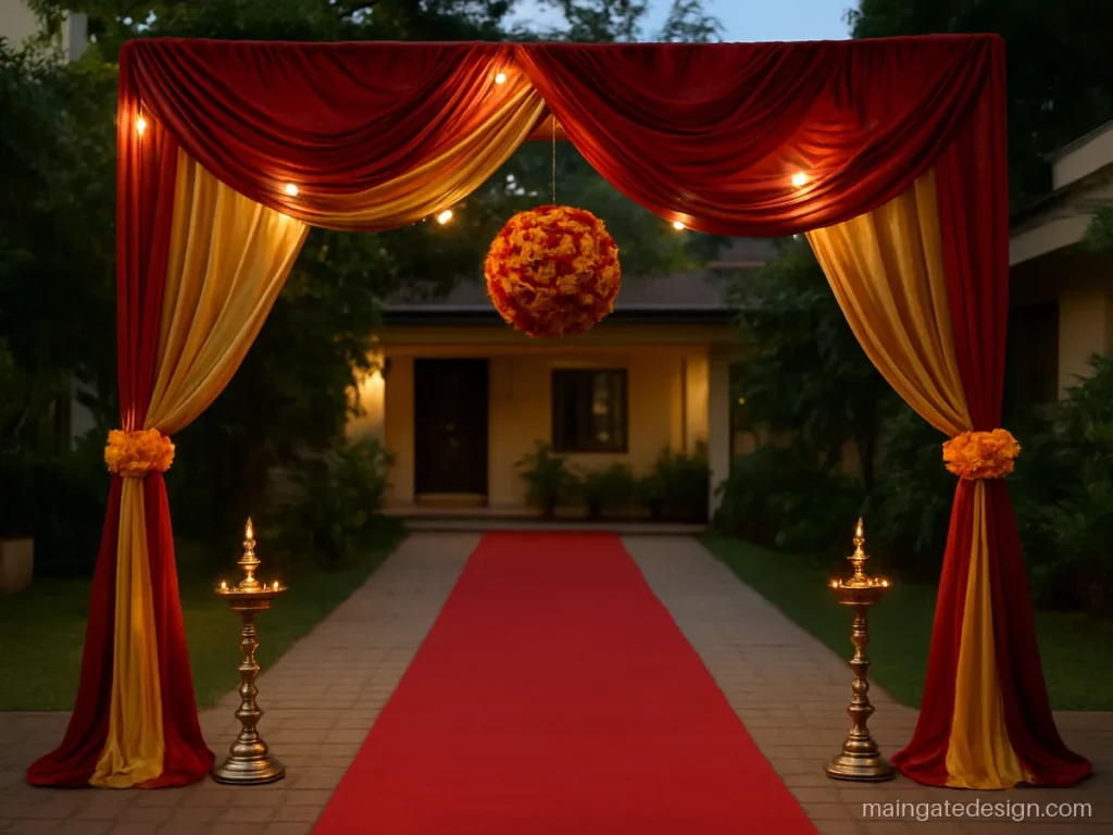 Marriage hall main gate design with red and gold fabric drapes and flower tie-backs