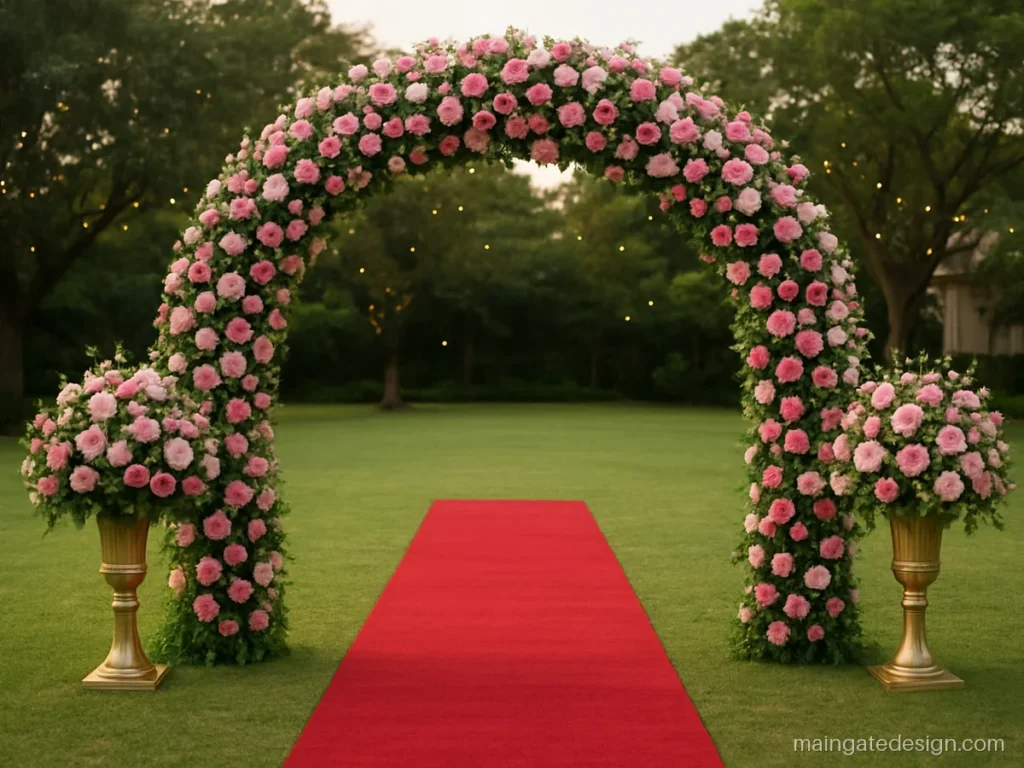 Floral main gate wedding gate design with a pink rose and white carnation arch