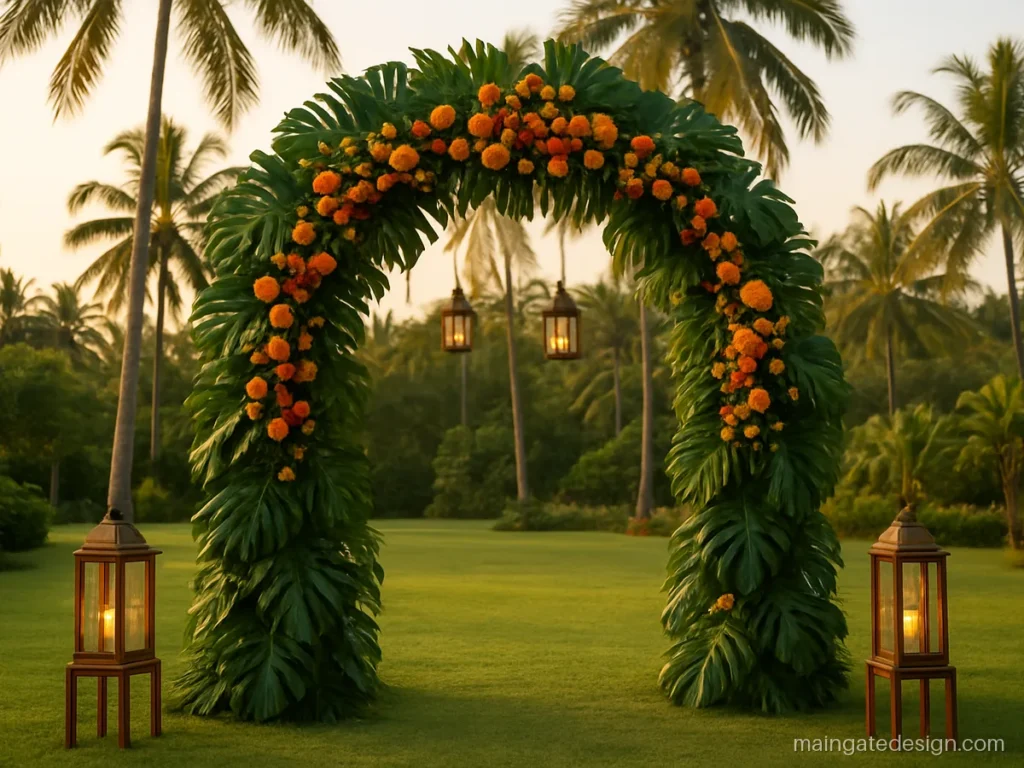Main entrance creative event gate design with tropical leaves and orange flowers