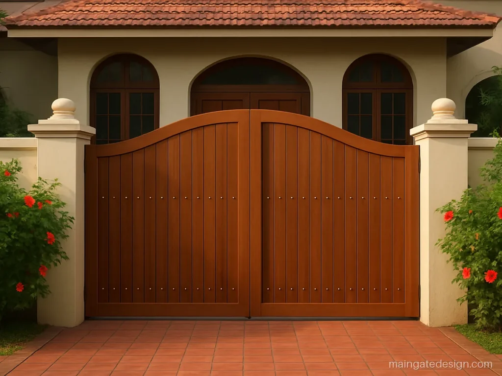 Main gate design wooden double door with an arched top and teak finish