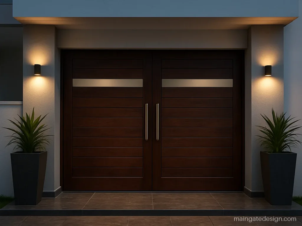 Main gate door design wooden double leaves with frosted glass strips and steel handles