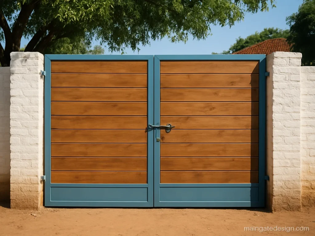 Simple lakdi ka main gate design with double door wood panels and a blue frame
