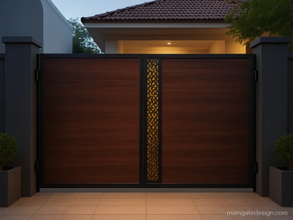 Main gate design with HPL sheet in dark walnut and a laser cut steel strip