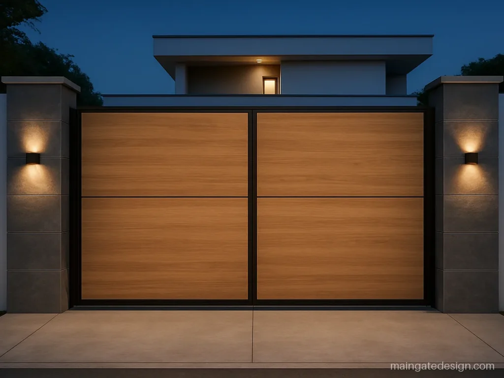 Main gate HPL sheet gate design with oak grain panels and a slim steel frame