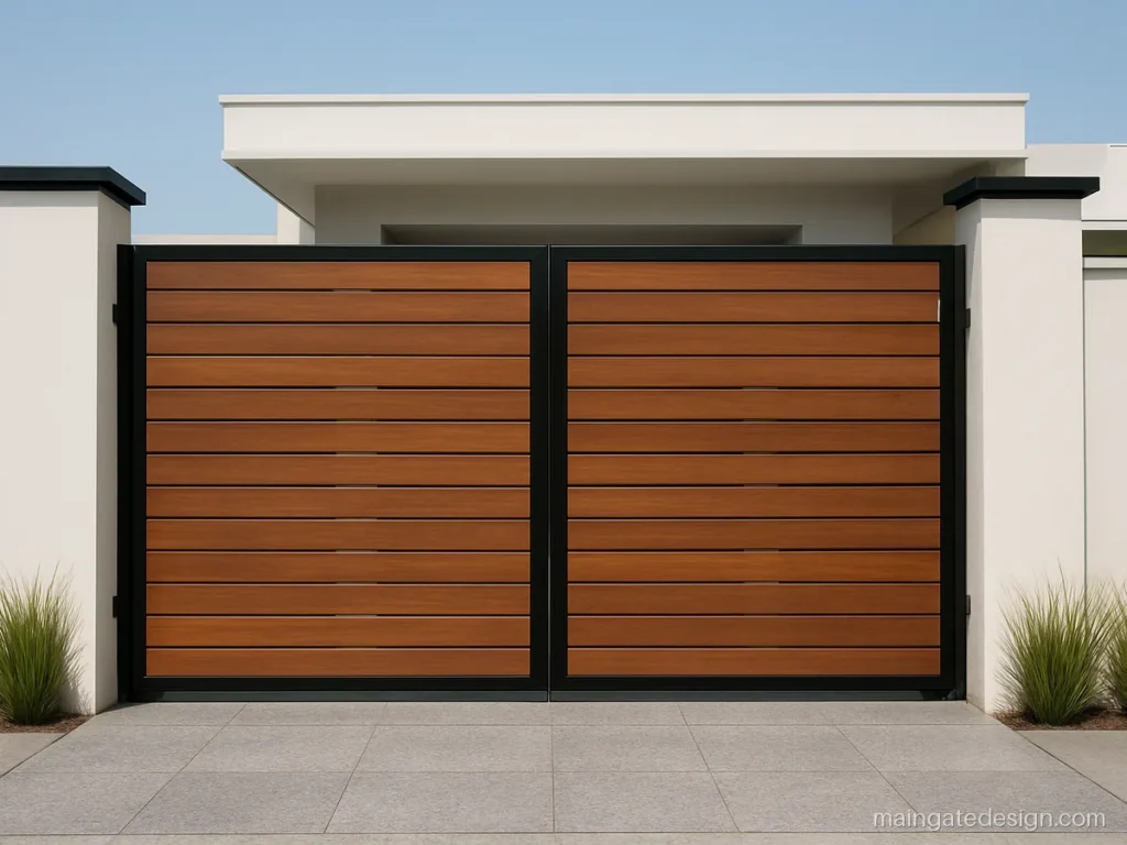 Wooden main gate design for home with horizontal teak slats on a black MS frame