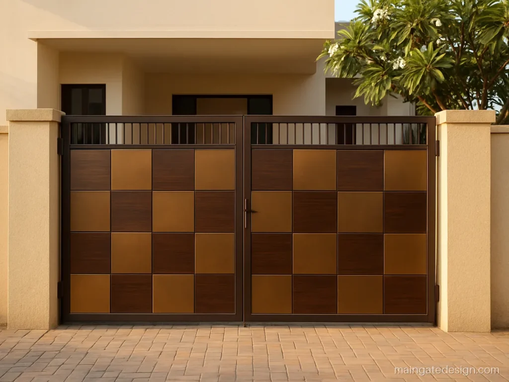 Main gate wooden door design mixing steel squares and walnut wood panels