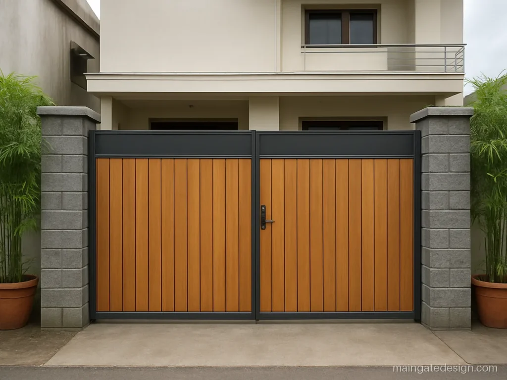 Wood main gate design with vertical wooden slats and a dark sheet top band