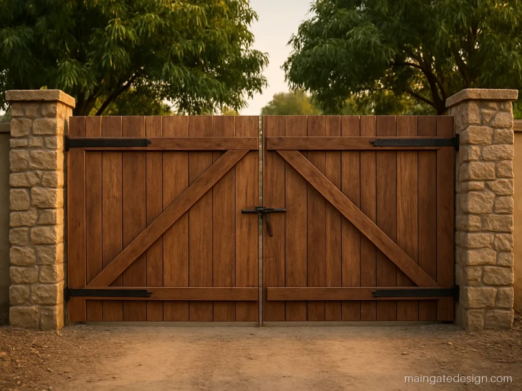 Lakdi main gate design for a farm house with rustic boards and black hinges