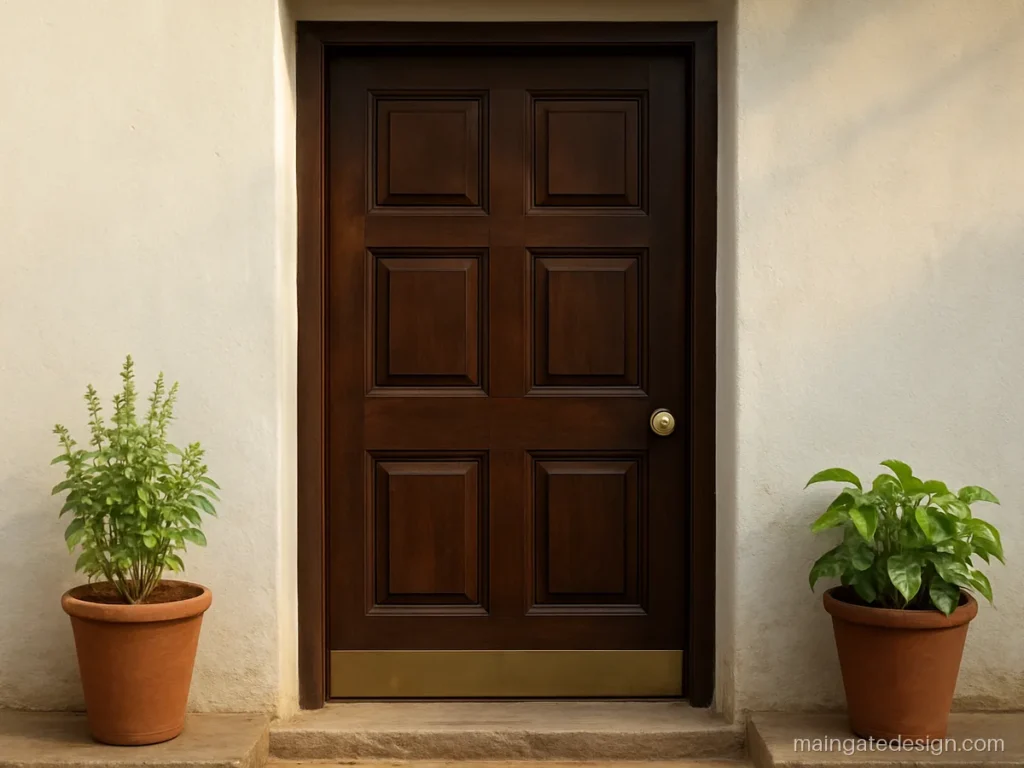 Main gate design wooden single door with carved rectangle panels and a brass knob