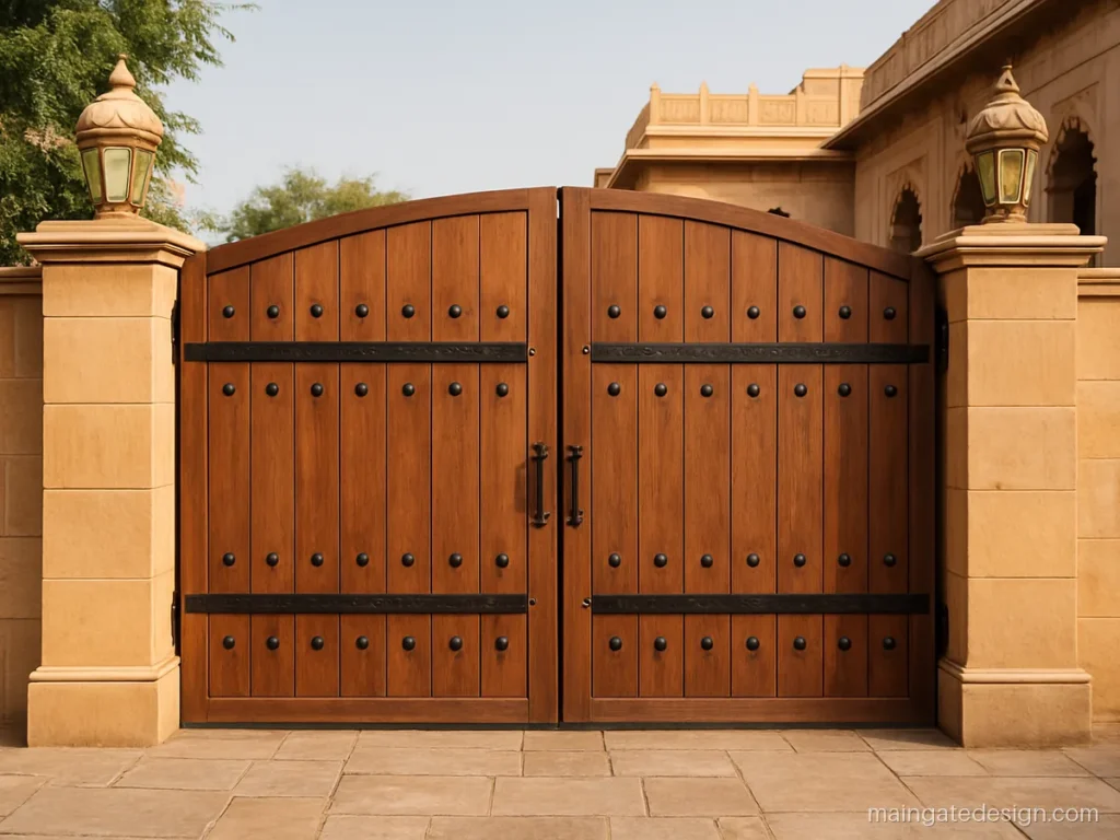 Solid wood main gate design with thick teak planks and round iron studs