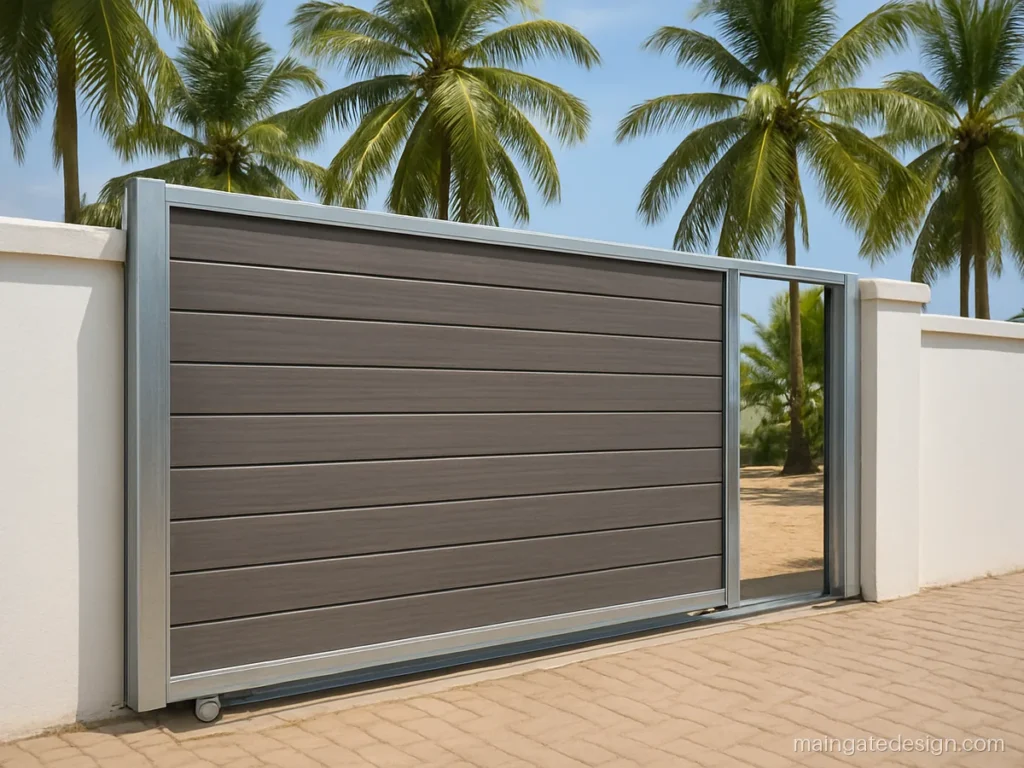 Main gate WPC gate design with grey teak planks for a coastal house